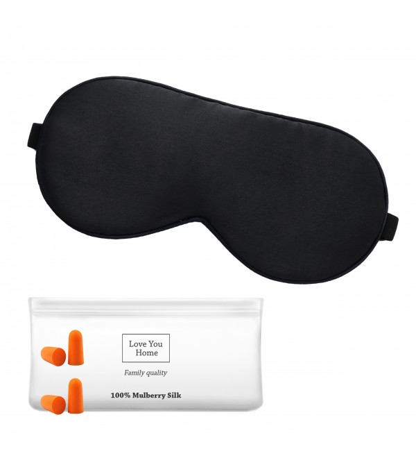 LoveYouHome Seide Schlafmaske-Schlafbrille für Männer und Frauen Bequem Schlafen Größe mit Blackout, mit 4 Ohrenstöpsel und Reisetasche (Vollständig Schwarz | 22 Momme)