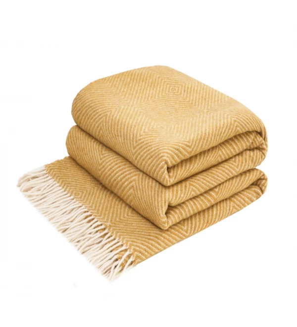 Merino Wolldecke Rautenmuster LoveYouHome (140x200 cm / Senf-Gelb - Weiß)