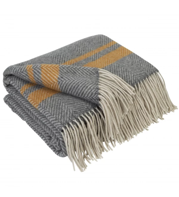 Merino Wolldecke Streifen LoveYouHome (140x200 cm / Grau - Senf - Weiß)