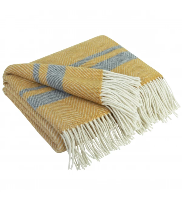 Merino Wolldecke Streifen LoveYouHome (140x200 cm / Senf - Grau - Weiß)